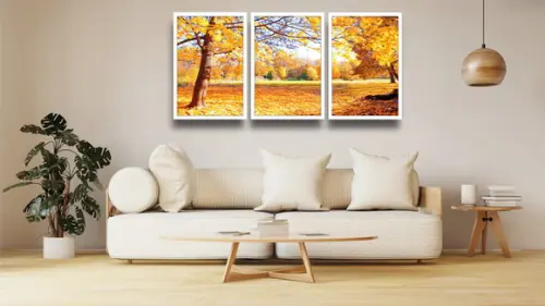 Kit 3 Quadros Decorativos Arvores Floresta Amarela Botânico