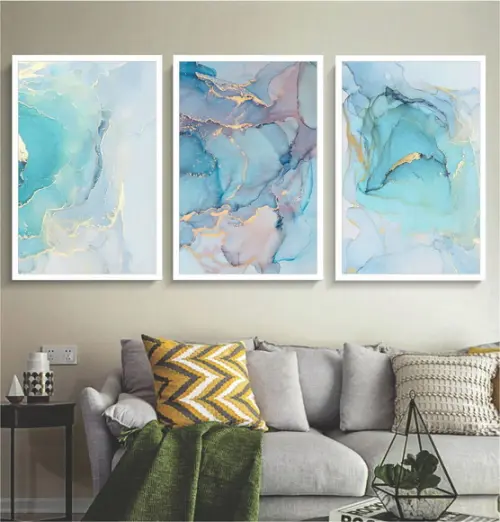 Kit 3 Quadros Decorativos Azul Dourado Abstrato Para Sala