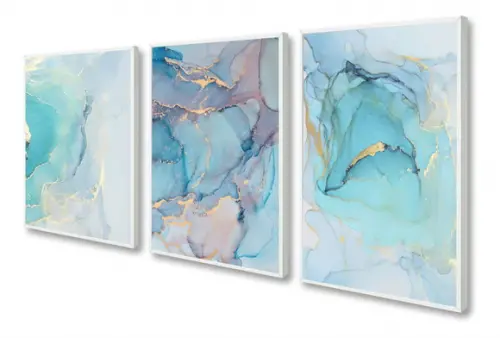 Kit 3 Quadros Decorativos Azul Dourado Abstrato Para Sala
