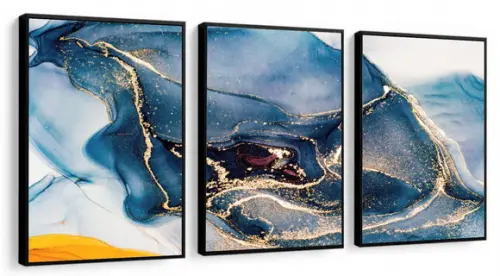 Kit 3 Quadros Decorativos Azul Dourado Moderno Com Moldura