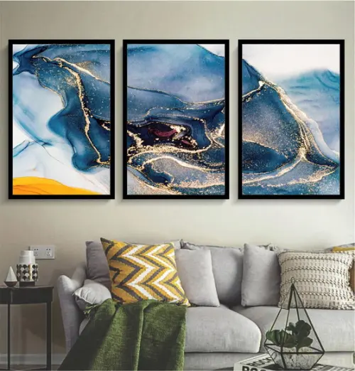 Kit 3 Quadros Decorativos Azul Dourado Moderno Com Moldura