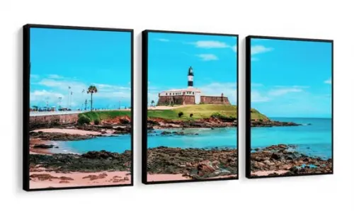 Kit 3 Quadros Decorativos Bahia Farol da Barra com Moldura