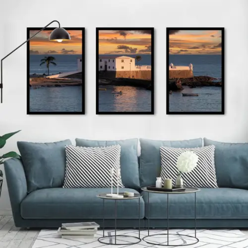 Kit 3 Quadros Decorativos Bahia Praia Do Forte Com Moldura