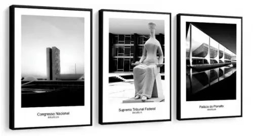 Kit 3 Quadros Decorativos Brasília Preto e Branco Moldura