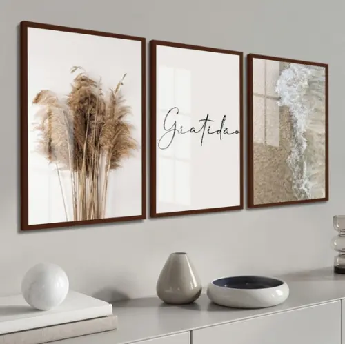 Kit 3 Quadros Decorativos Boho Gratidão com Moldura e Vidro