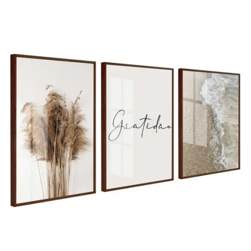 Kit 3 Quadros Decorativos Boho Gratidão com Moldura e Vidro