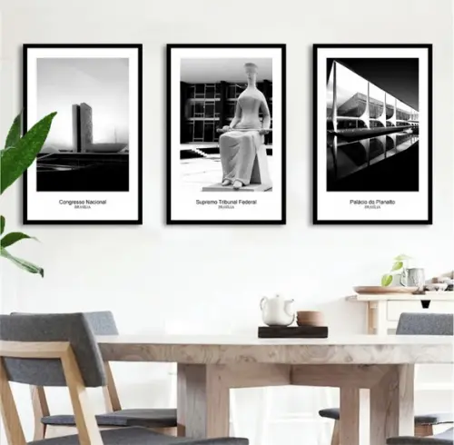 Kit 3 Quadros Decorativos Brasília Preto e Branco Moldura