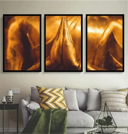 Kit 3 Quadros Decorativos Buda Dourado Meditação Com Moldura