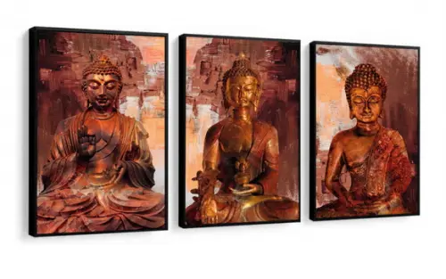 Kit 3 Quadros Decorativos Buda Meditação Dourado Com Moldura