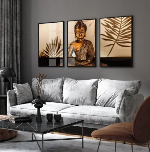 Kit 3 Quadros Decorativos Buda Meditação com Moldura e Vidro