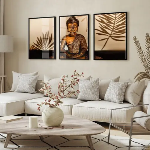 Kit 3 Quadros Decorativos Buda Meditação com Moldura e Vidro
