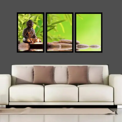 Kit 3 Quadros Decorativos Buda Meditação Folhagem Moldura