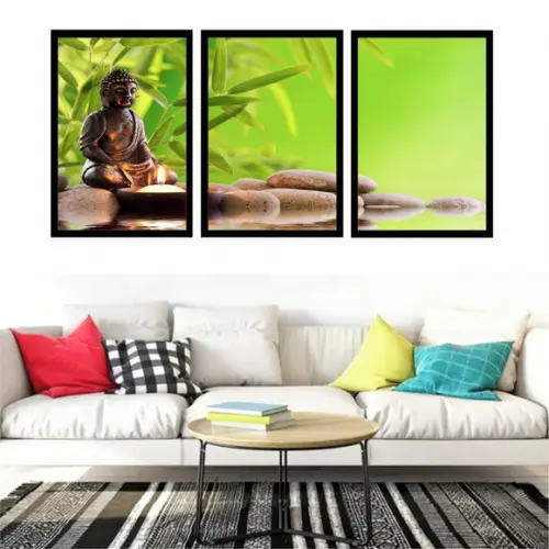 Kit 3 Quadros Decorativos Buda Meditação Folhagem Moldura
