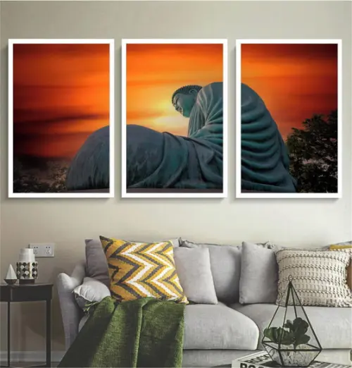 Kit 3 Quadros Decorativos Buda Meditação Paisagem Moldura