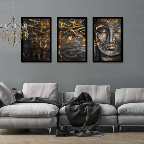 Kit 3 Quadros Decorativos Buda Meditação Sala Com Moldura