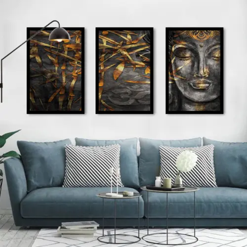 Kit 3 Quadros Decorativos Buda Meditação Sala Com Moldura