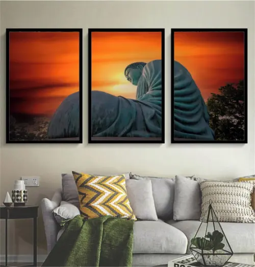 Kit 3 Quadros Decorativos Buda Paisagem Para Sala Moldura