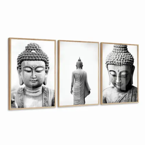 Kit 3 Quadros Decorativos Buda Preto e Branco Luxo com Vidro