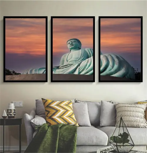 Kit 3 Quadros Decorativos Buda Para Sala Quarto Com Moldura