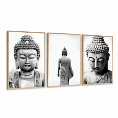 Kit 3 Quadros Decorativos Buda Preto e Branco Luxo Moldura