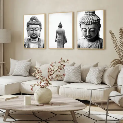 Kit 3 Quadros Decorativos Buda Preto e Branco Luxo Moldura