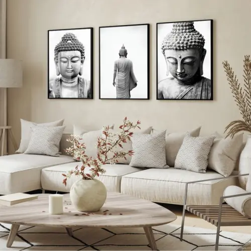 Kit 3 Quadros Decorativos Buda Preto e Branco Moldura Vidro