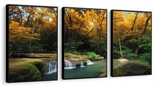 Kit 3 Quadros Decorativos Cachoeira Paisagem Com Moldura