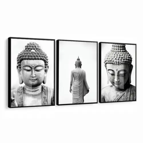 Kit 3 Quadros Decorativos Buda Preto e Branco Moldura Vidro