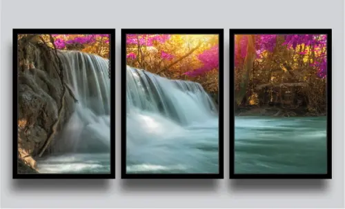Kit 3 Quadros Decorativos Cachoeira Paisagem Com Moldura