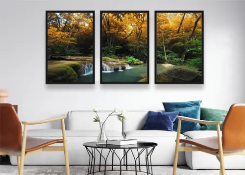 Kit 3 Quadros Decorativos Cachoeira Paisagem Com Moldura