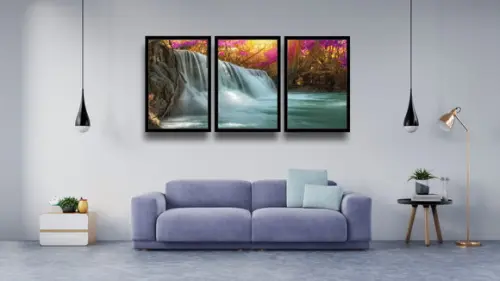 Kit 3 Quadros Decorativos Cachoeira Paisagem Com Moldura