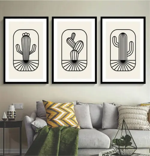 Kit 3 Quadros Decorativos Cacto Desenho Moderno Com Moldura
