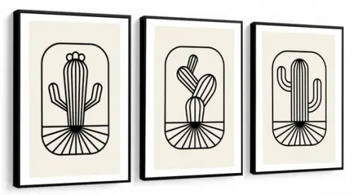Kit 3 Quadros Decorativos Cacto Desenho Moderno Com Moldura