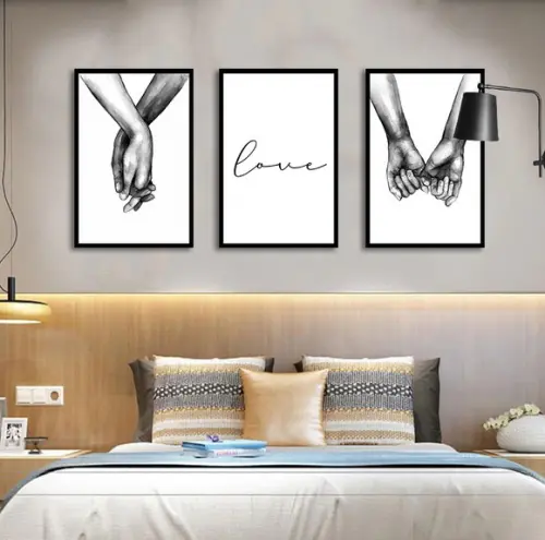 Kit 3 Quadros Decorativos Casal Mãos Dadas Quarto Sala Hall