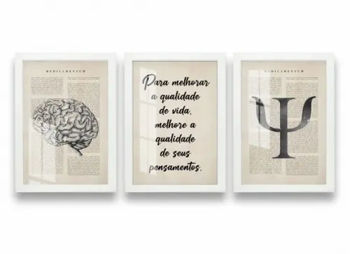 Kit 3 Quadros Decorativos Cérebro Psicologia Moldura e Vidro