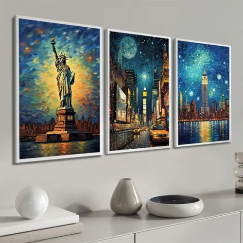 Kit 3 Quadros Decorativos Cidade Nova York Colorido Moldura