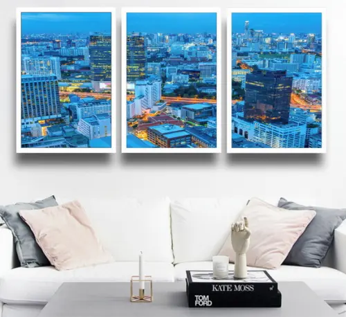 Kit 3 Quadros Decorativos Cidade Paisagem Sala Com Moldura