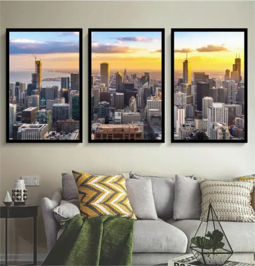 Kit 3 Quadros Decorativos Cidade Paisagem Chicago Moldura