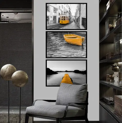 Kit 3 Quadros Decorativos Cidade Preto e Branco Amarelo Sala