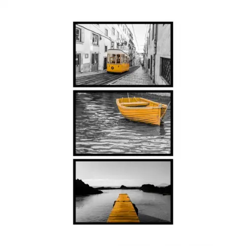 Kit 3 Quadros Decorativos Cidade Preto e Branco Amarelo Sala