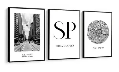 Kit 3 Quadros Decorativos Cidade São Paulo Moderno Moldura