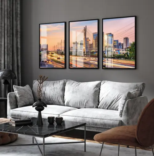 Kit 3 Quadros Decorativos Cidade São Paulo Moldura e Vidro
