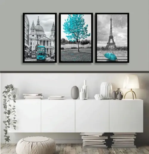 Kit 3 Quadros Decorativos Cidades Azul Tiffany Com Moldura