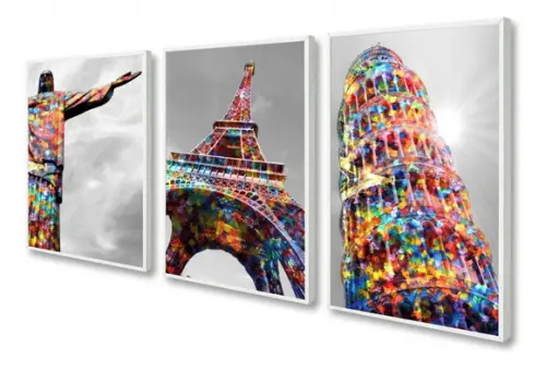Kit 3 Quadros Decorativos Cidades Moderno para Sala Moldura