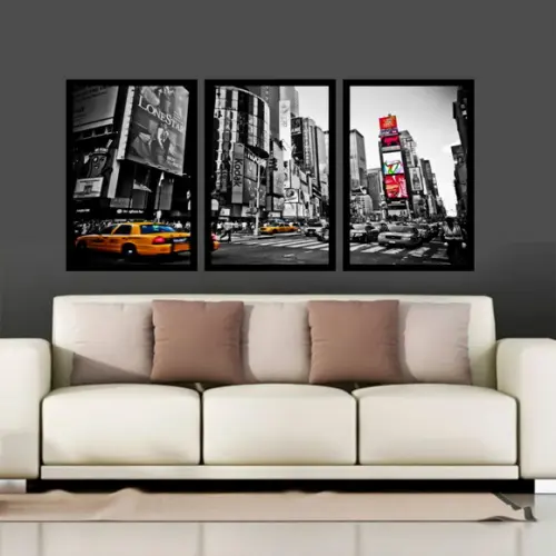 Kit 3 Quadros Decorativos Cidades Nova York Conjunto Moldura
