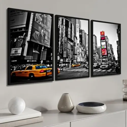 Kit 3 Quadros Decorativos Cidades Nova York Conjunto Moldura
