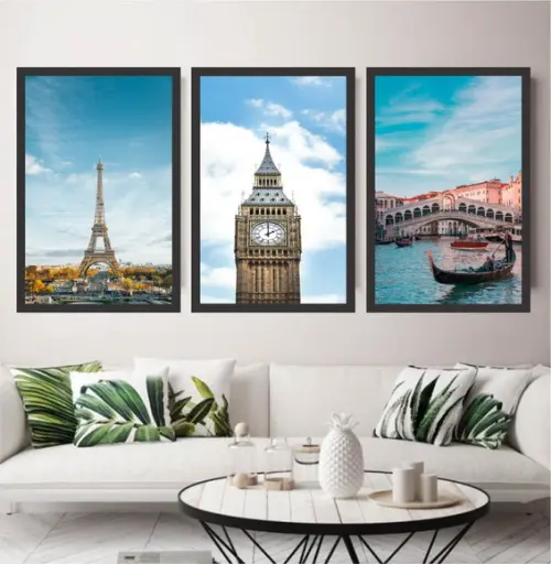 Kit 3 Quadros Decorativos Cidades Paisagem Moderno Moldura