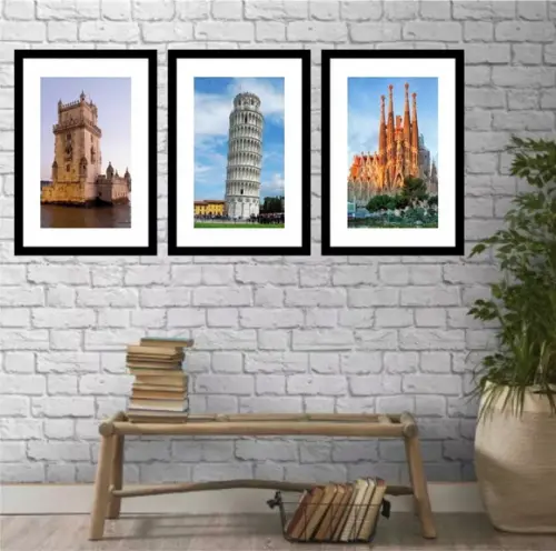 Kit 3 Quadros Decorativos Cidades Paisagem Sala Com Moldura
