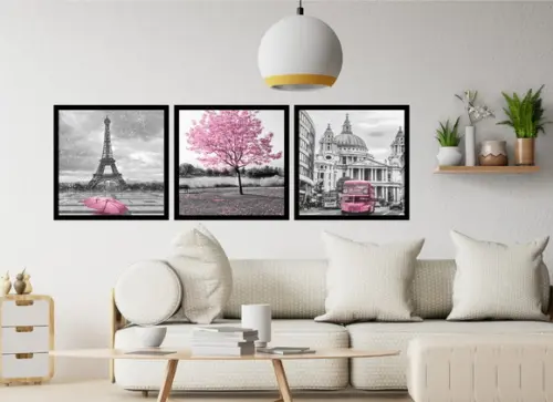 Kit 3 Quadros Decorativos Cidades Rosa Para Sala Com Moldura
