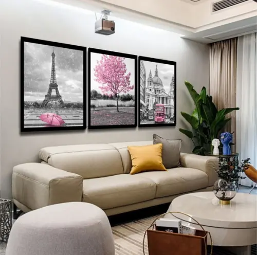 Kit 3 Quadros Decorativos Cidades Rosa Para Sala Com Moldura